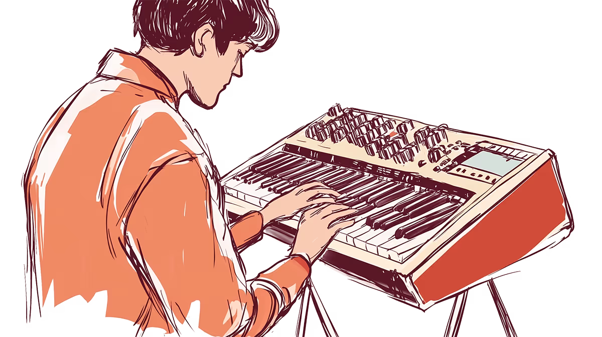Sketchy illustration of a musician playing the Mellotron